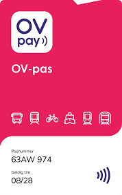 Front of OV-pas. Top left is the logo of OV Pay, below it is the text "OV-pas". The bottom half is white as opposed to the rest which is pink. Just above the white part are pictograms of a bus, train, bike, ferry, tram, and metro. On the white part is the card number shown on the top left, and under it is the expiration date. Bottom right is the (slightly blue) contacless symbol. At the top (slightly right) of the card is a thumb notch, shaped like a steep slope down, and a gentle incline up..