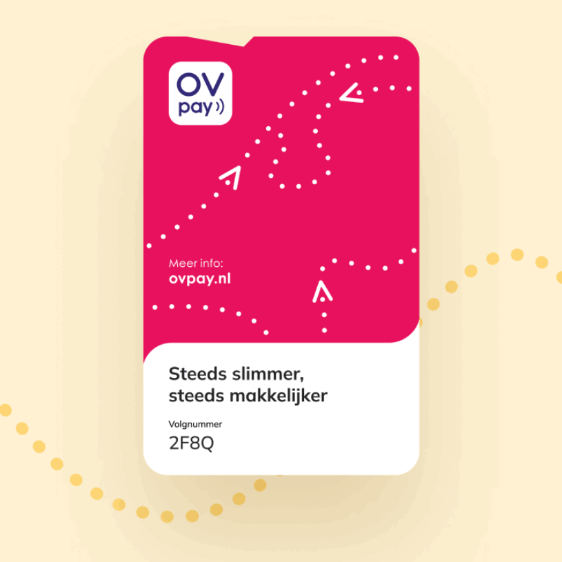 Back of OV-Pas, on a beige background with yellow dots plotted in a sine wave form. On the top left the OV pay logo is shown, although smaller than on the front. A lot of dots are on the pink top of the card, three dots are replaced by the tops of arrows. The dots are laid out in a way that looks like a road on a map, with some random curves. Bottom left of the pink part is text which says "Meer info:" (written in a thin font) [newline] "ovpay.nl" (written in a bold font). The bottom (white) part has the changeable text at the top left. Under it is the volgnummer. At the very top, a bit to the left of the card is the thumb notch.